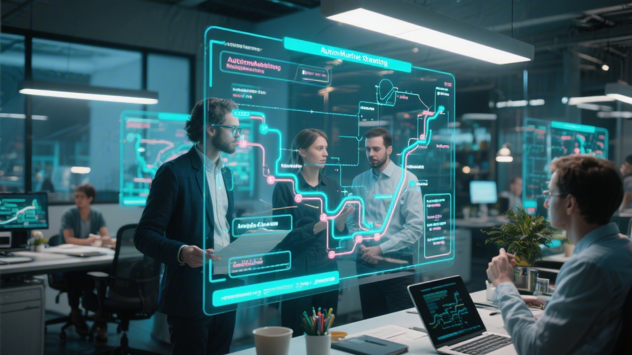 Modern collaborative workspace where automation strategists review roadmaps on transparent screens with neon reflections showcasing agile marketing methodologies