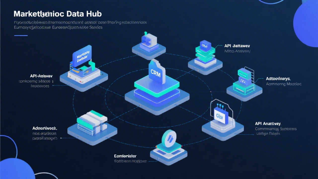 Diagram showing interconnected marketing data hubs, API gateways, and automation modules ensuring seamless integration between CRM, analytics, and communication systems for European SMEs
