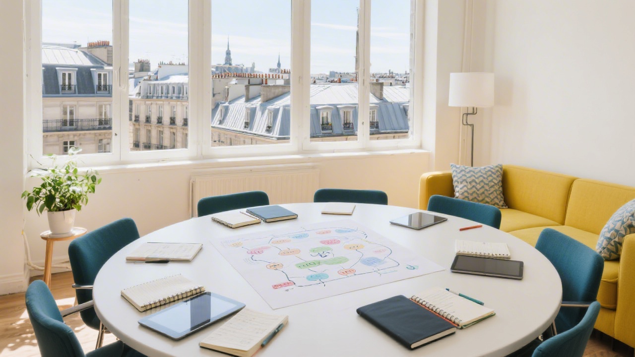 Bright meeting lounge overlooking Paris rooftops prepared for client workshops with notebooks, tablets, and customer journey mapping tools