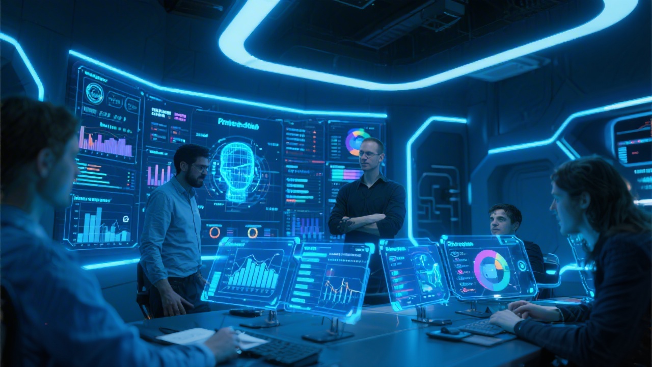 Futuristic marketing control room featuring holographic dashboards, neon blue lighting, and AI interface guiding a French startup team toward data-driven customer acquisition