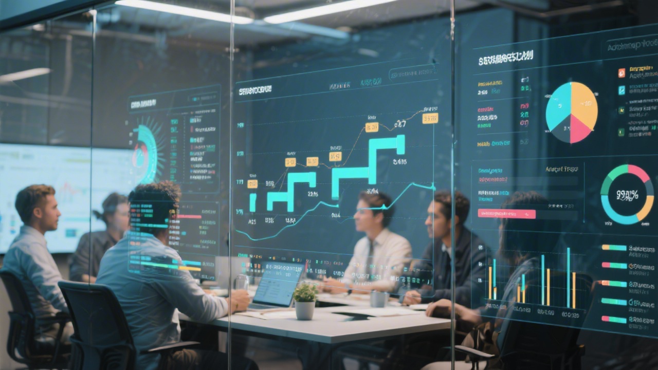 Strategic planning session with dashboards projected onto glass panels highlighting milestones, metrics, and agile workflows for automation deployment